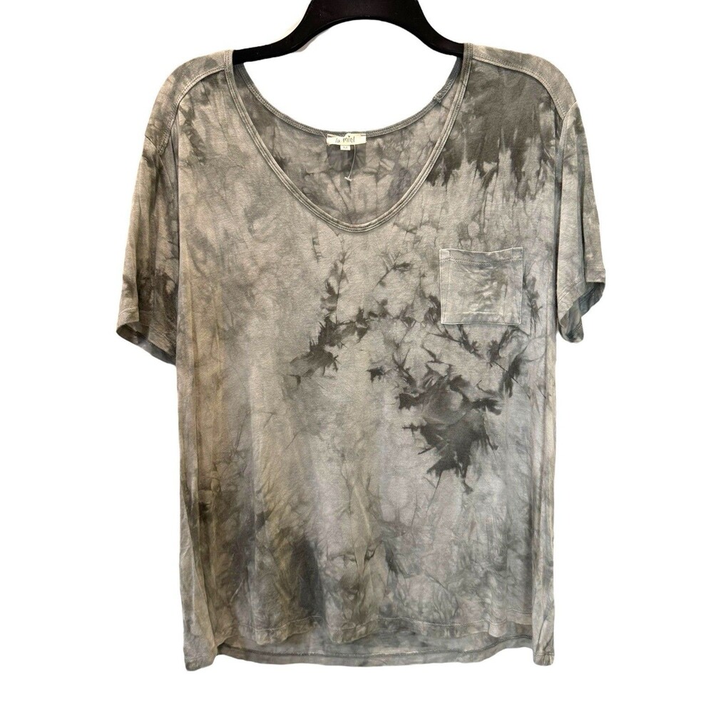 Women’s M Tie-Dye Scoop V Neck Tee Green Gray by La Miel NWOT Soft Stretch